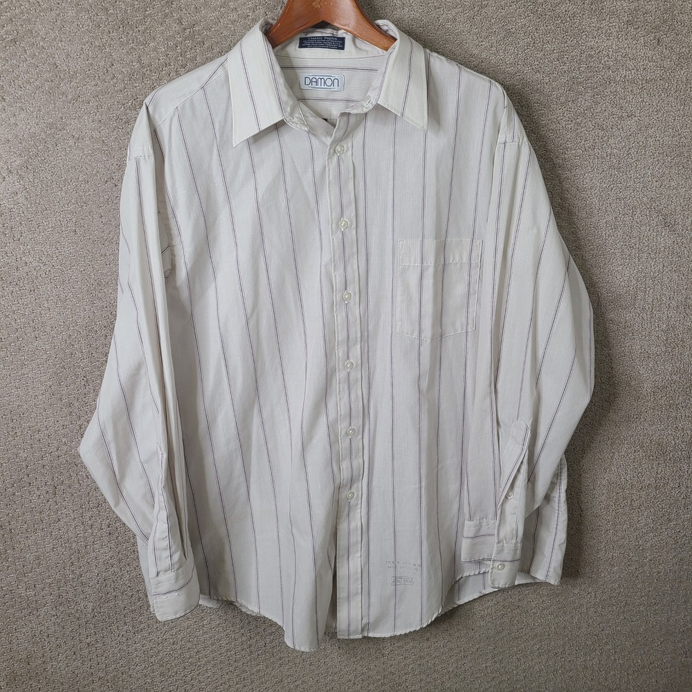 Vintage Damon Shirt Mens 17.5 34 White Striped Button Down Poplin Cotton Blend